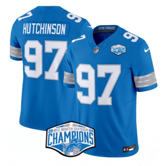Men's Detroit Lions #97 Aidan Hutchinson Blue 2024 NFC North Champions F.U.S.E. Vapor Limited Stitched Jersey - Ujersey