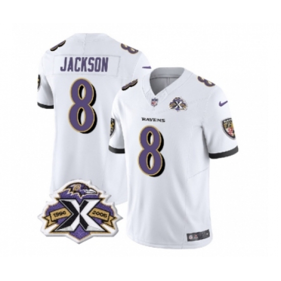 Men's Nike Baltimore Ravens #8 Lamar Jackson White 2023 F.U.S.E Throwback Vapor Limited Stitched Jersey
