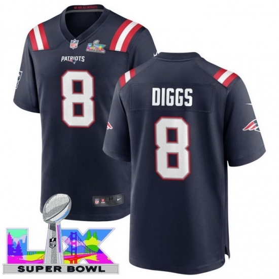 Men's New England Patriots #8 Stefon Diggs Blue 2025 2026 Super Bowl LX F U S E Stitched Jersey - ujerseystore