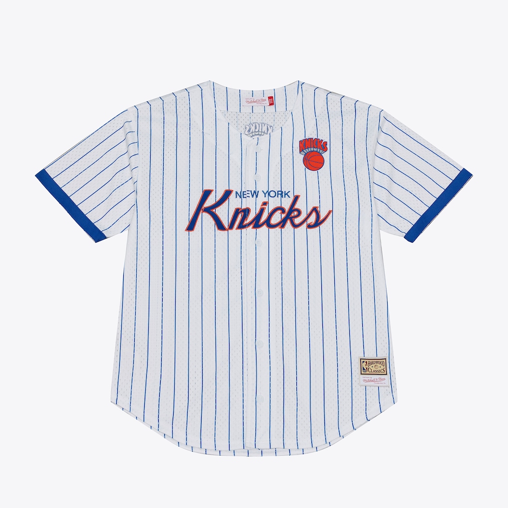 Men's New York Knicks Mitchell & Ness White Head Coach Pinstripe Mesh Full-Button Baseball Jersey - SUjersey01