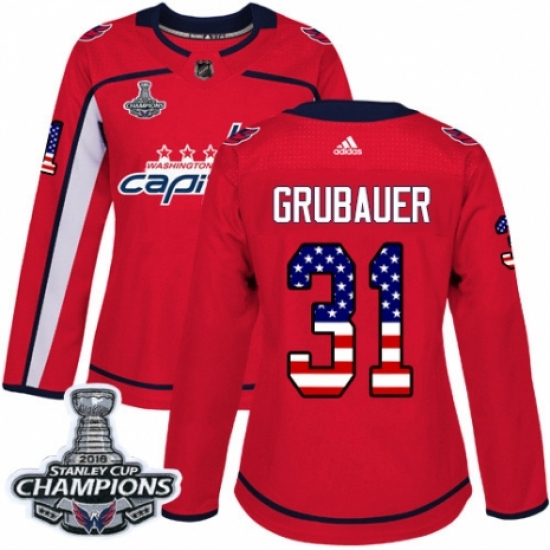 Women's Adidas Washington Capitals #31 Philipp Grubauer Authentic Red USA Flag Fashion 2018 Stanley Cup Final Champions NHL Jersey - Ujersey