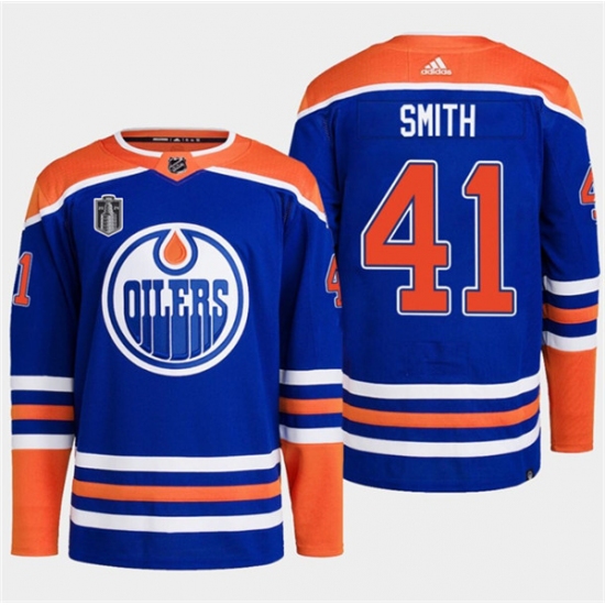 Men's Edmonton Oilers #41 Mike Smith Royal 2024 Stanley Cup Final Stitched Jersey