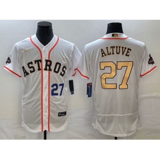 Men's Houston Astros #27 Jose Altuve Number 2023 White Gold World Serise Champions Flex Base Stitched Jersey1 - Ujersey