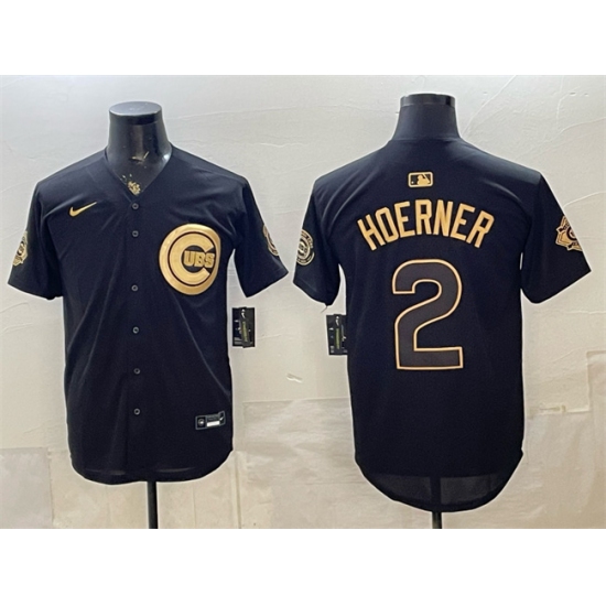 Men's Chicago Cubs #2 Nico Hoerner Black Gold 150th Anniversary Stitched Baseball Jersey