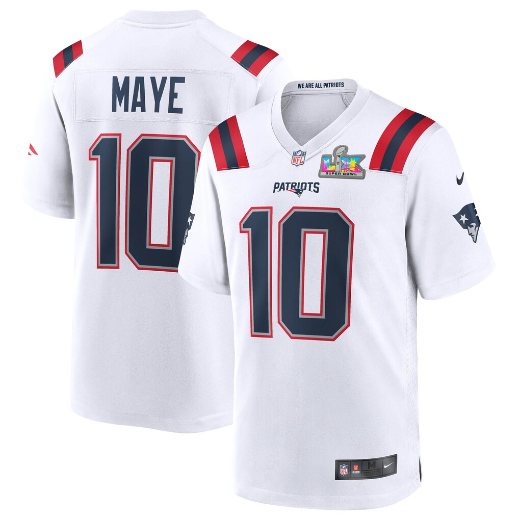 Men's New England Patriots Drake Maye Nike White Super Bowl LX Patch Game Jersey - ujerseystore