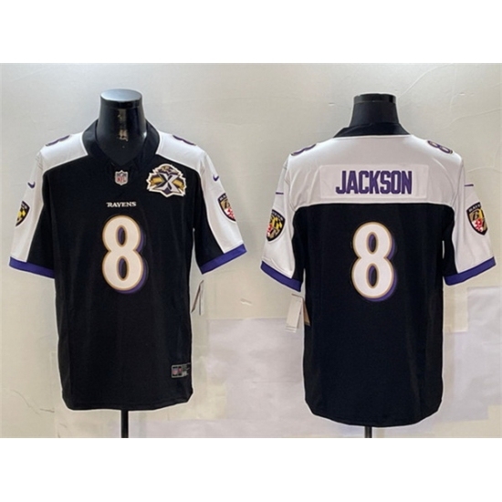 Men's Baltimore Ravens #8 Lamar Jackson Black White 2023 F U S E With Throwback Vapor Limited Jersey - Ujersey