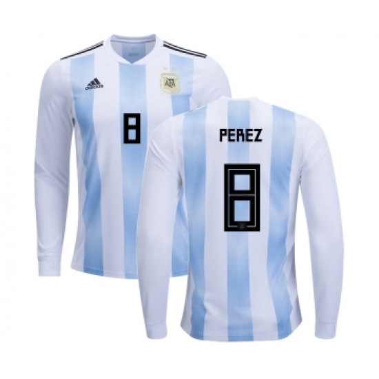 Argentina #8 Perez Home Long Sleeves Kid Soccer Country Jersey