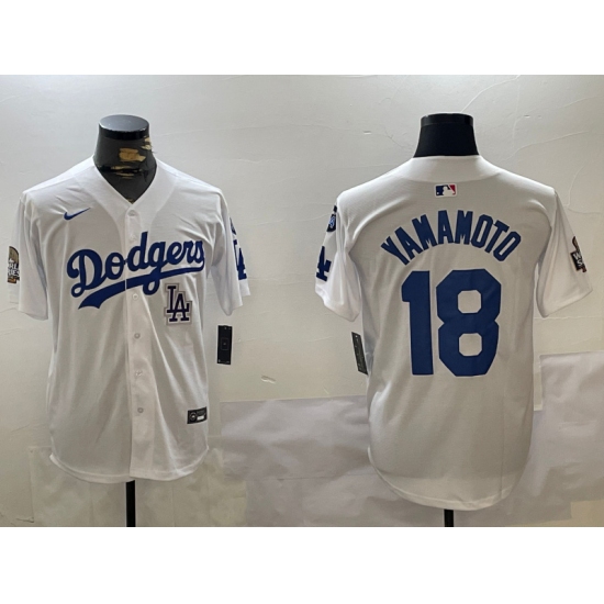 Men's Los Angeles Dodgers #18 Yoshinobu Yamamoto White 2024 World Series With Fernando Memorial Home Limited Stitched Baseball Jersey - Ujersey