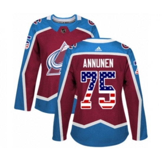 Women's Adidas Colorado Avalanche #75 Justus Annunen Authentic Burgundy Red USA Flag Fashion NHL Jersey - Ujersey