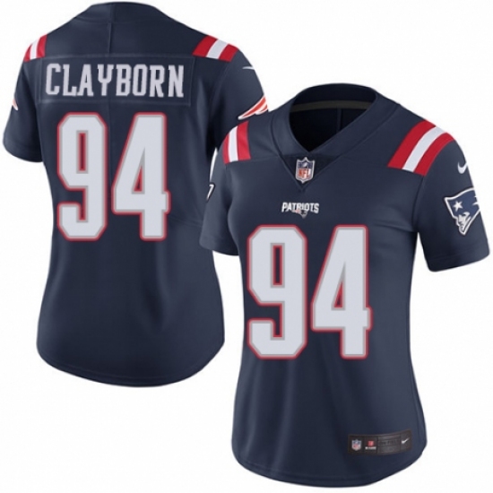 Women's Nike New England Patriots #94 Adrian Clayborn Limited Navy Blue Rush Vapor Untouchable NFL Jersey - Ujersey