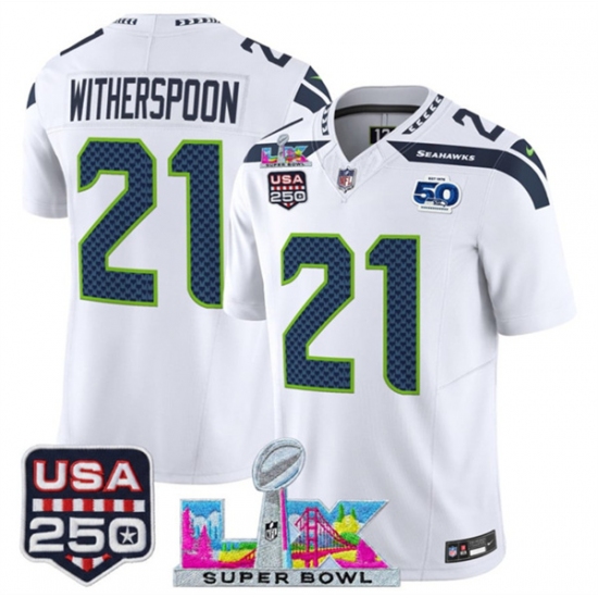 Men's Seattle Seahawks #21 Devon Witherspoon White 2025 F.U.S.E. Super Bowl LX And 50th Season & USA 250 Vapor Limited Football Stitched Jersey - Ujersey
