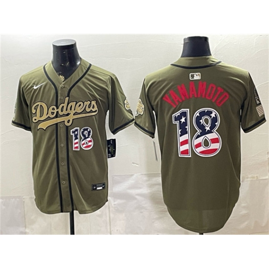 Men's Los Angeles Dodgers #18 Yoshinobu Yamamoto Olive 2026 Armed Forces Day USA 250 Fourth of July Stitched Baseball Jersey - Ujersey