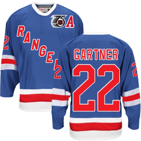 Men's CCM New York Rangers #22 Mike Gartner Authentic Royal Blue 75TH Throwback NHL Jersey - Ujersey