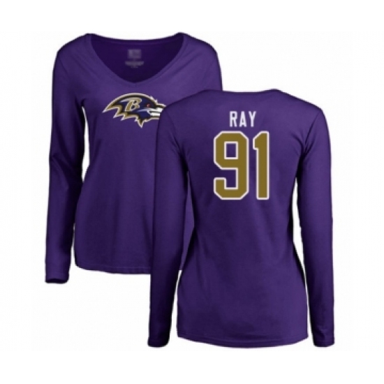 Football Women's Baltimore Ravens #91 Shane Ray Purple Name & Number Logo Long Sleeve T-Shirt - Ujersey