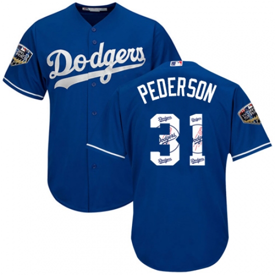 Men's Majestic Los Angeles Dodgers #31 Joc Pederson Authentic Royal Blue Team Logo Fashion Cool Base 2018 World Series MLB Jersey - Ujersey