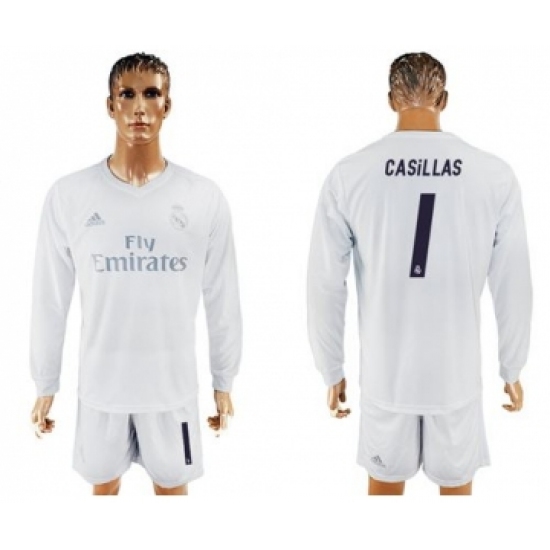 Real Madrid #1 Casillas Marine Environmental Protection Home Long Sleeves Soccer Club Jersey