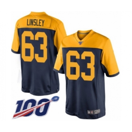 Men's Green Bay Packers #63 Corey Linsley Limited Navy Blue Alternate 100th Season Football Jersey - Ujersey