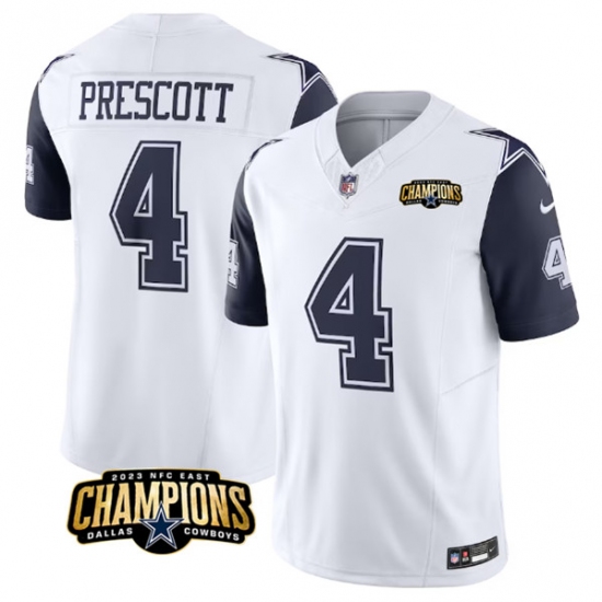 Men's Dallas Cowboys #4 Dak Prescott White Navy 2023 F.U.S.E. NFC East Champions Football Stitched Jersey - Ujersey