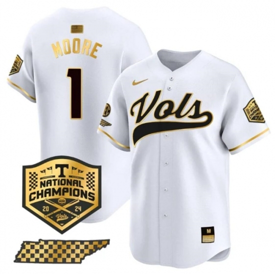 Men's Tennessee Volunteers #1 Christian Moore White Gold 2024 Champions Vapor Limited Stitched Jersey - Ujersey