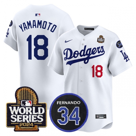 Men's Los Angeles Dodgers #18 Yoshinobu Yamamoto White 2024 World Series With Fernando Memorial Limited Stitched Baseball Jersey - Ujersey