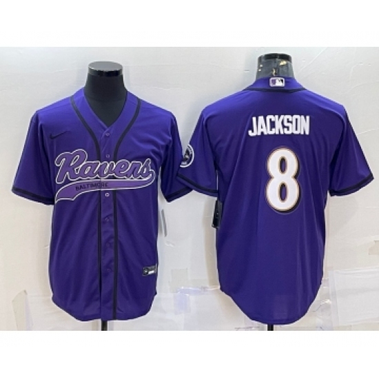 Men's Baltimore Ravens #8 Lamar Jackson Purple With Patch Cool Base Stitched Baseball Jersey - Ujersey