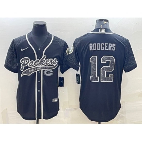 Men's Green Bay Packers #12 Aaron Rodgers Black Reflective With Patch Cool Base Stitched Baseball Jersey - Ujersey
