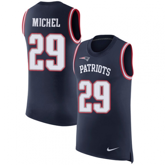 Men's Nike New England Patriots #29 Sony Michel Navy Blue Rush Player Name & Number Tank Top NFL Jersey - Ujersey