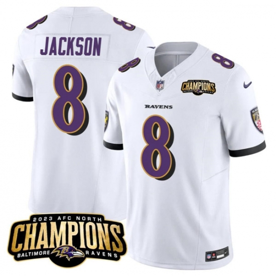Men's Baltimore Ravens #8 Lamar Jackson White 2023 F.U.S.E. AFC North Champions Vapor Limited Football Stitched Jersey - Ujersey