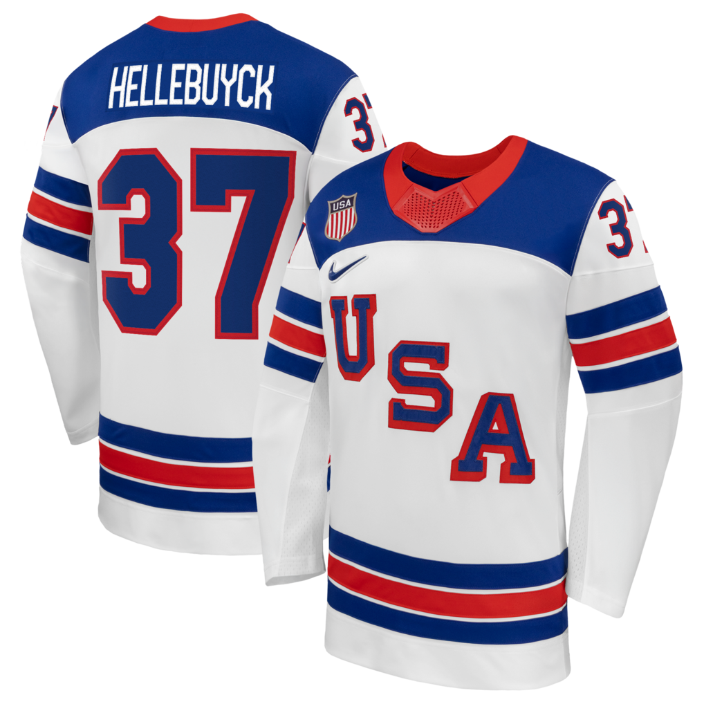Men's Connor Hellebuyck Nike White US Hockey 2026 Away Replica Jersey - ujerseystore