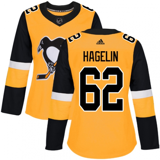 Women's Adidas Pittsburgh Penguins #62 Carl Hagelin Authentic Gold Alternate NHL Jersey