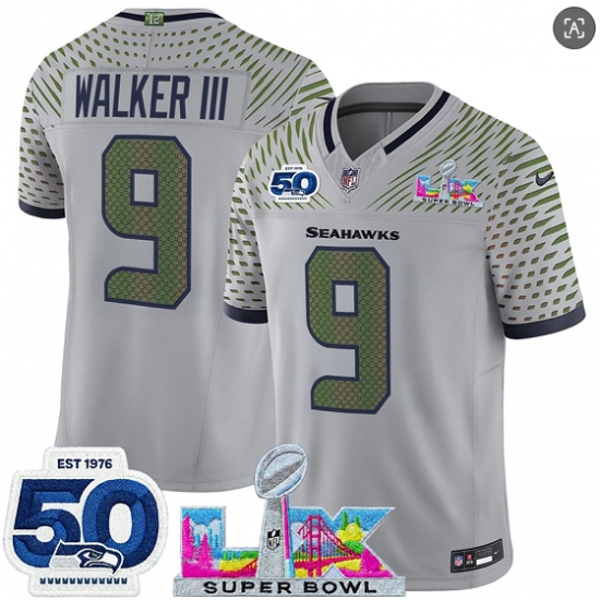 Men's Seattle Seahawks #9 Kenneth Walker III Gray 2025 F.U.S.E. Super Bowl LX And 50th Season“Rivalries” Vapor Limited Football Stitched Jersey - Ujersey