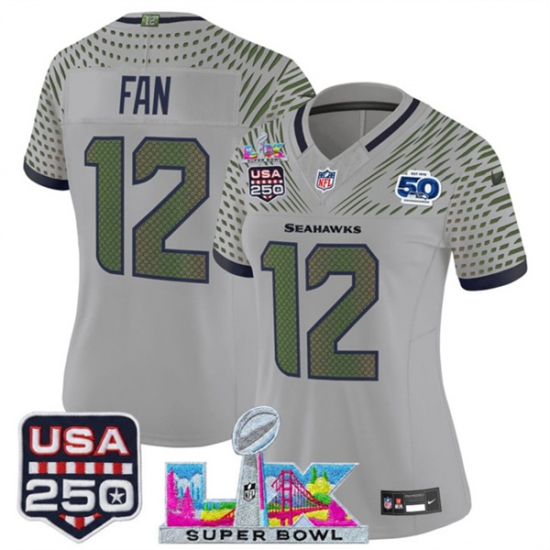 Women's Seattle Seahawks #12 Fan Gray 2025 F.U.S.E. Super Bowl LX & US 250th anniversary And 50th Season“Rivalries” Vapor Limited Football Stitched Jersey