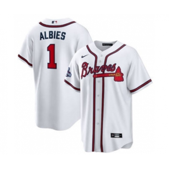 Men's Atlanta Braves #1 Ozzie Albies 2021 White World Series Champions Cool Base Stitched Jersey - Ujersey