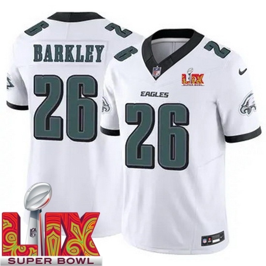 Men's Philadelphia Eagles Saquon Barkley #26 White 2024 2025 Super Bowl LIX F U S E Stitched NFL Jersey - Ujersey