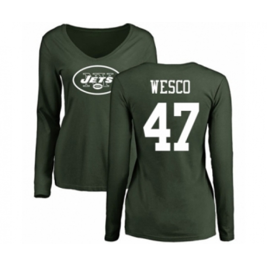 Football Women's New York Jets #47 Trevon Wesco Green Name & Number Logo Long Sleeve T-Shirt - Ujersey