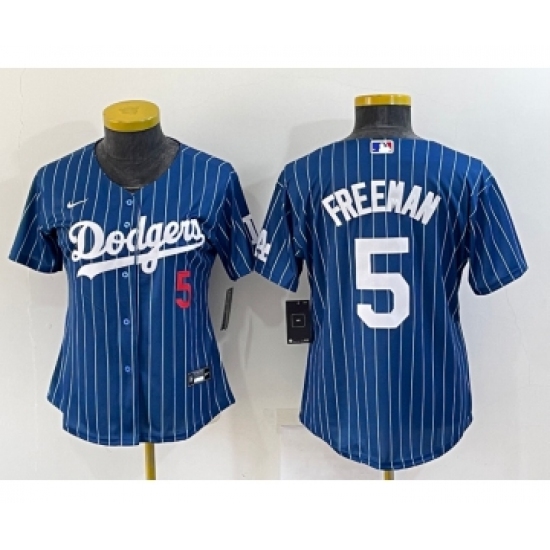 Women's Los Angeles Dodgers #5 Freddie Freeman Number Navy Blue Pinstripe Stitched MLB Cool Base Nike Jersey - Ujersey