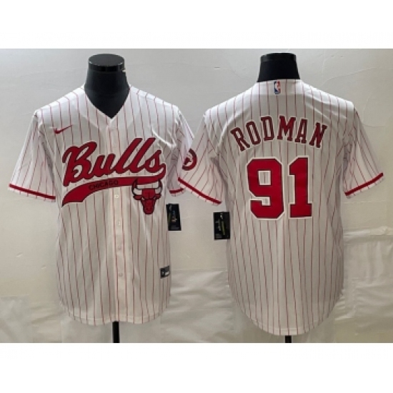 Men's Chicago Bulls #91 Dennis Rodman White Pinstripe Cool Base Stitched Baseball Jersey - Ujersey