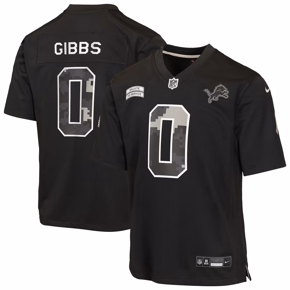 Youth Detroit Lions Jahmyr Gibbs Nike Black 2026 Salute to Service Game Jersey