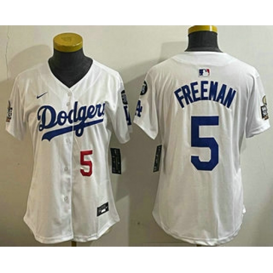 Women's Los Angeles Dodgers #5 Freddie Freeman Number White 2024 World Series With Fernando 34 Limited Stitched Jersey - Ujersey
