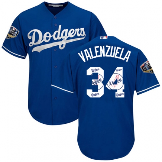 Men's Majestic Los Angeles Dodgers #34 Fernando Valenzuela Authentic Royal Blue Team Logo Fashion Cool Base 2018 World Series MLB Jersey - Ujersey