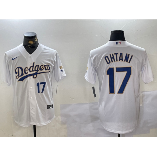 Men's Los Angeles Dodgers #17 Shohei Ohtani Number White Gold Championship Stitched Cool Base Nike Jerseys - Ujersey