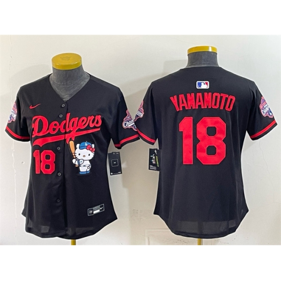 Women's Los Angeles Dodgers #18 Yoshinobu Yamamoto Black Hello Kitty Night 2025 World Series Champions Stitched Baseball Jersey(Run Small) - Ujersey