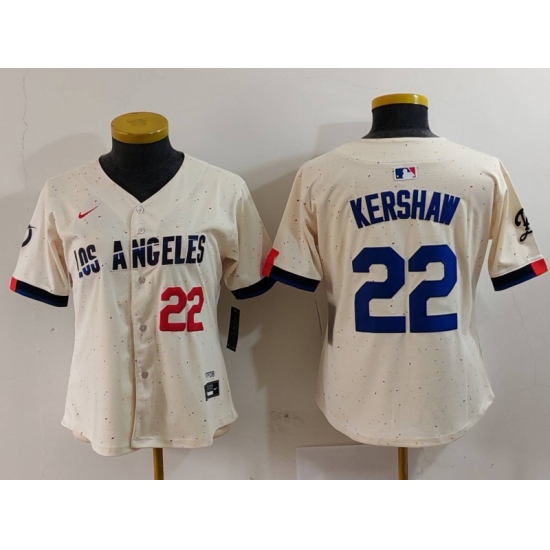 Women's Los Angeles Dodgers #22 Clayton Kershaw Number Cream 2024 City Connect Limited Stitched Jersey - Ujersey