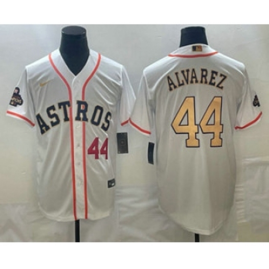 Men's Houston Astros #44 Yordan Alvarez Number 2023 White Gold World Serise Champions Cool Base Stitched Jerseys - Ujersey