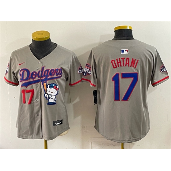 Women's Los Angeles Dodgers #17 Shohei Ohtani Grey Hello Kitty Night 2025 World Series Champions Stitched Baseball Jersey(Run Small)