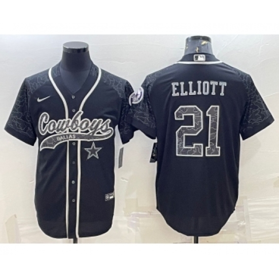 Men's Dallas Cowboys #21 Ezekiel Elliott Black Reflective With Patch Cool Base Stitched Baseball Jersey - Ujersey