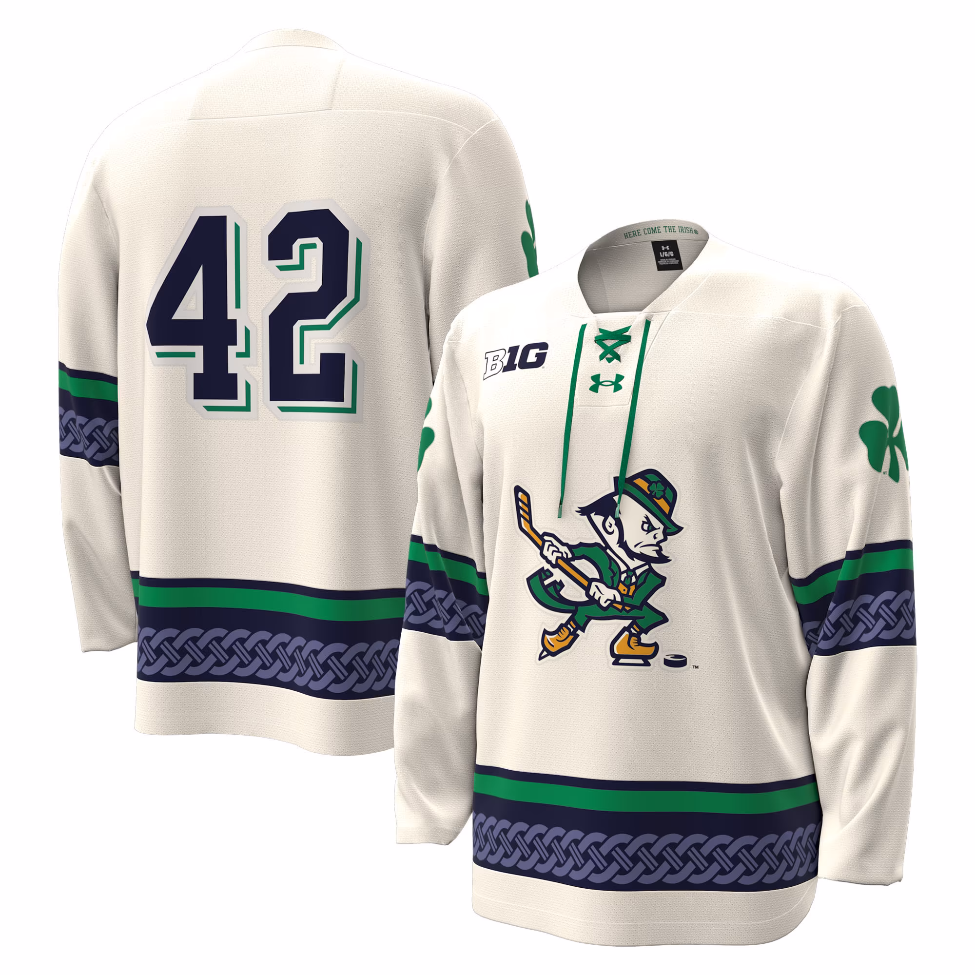 Men's Under Armour #42 White Notre Dame Fighting Irish Alternate Leprechaun Replica Hockey Jersey - Ujersey