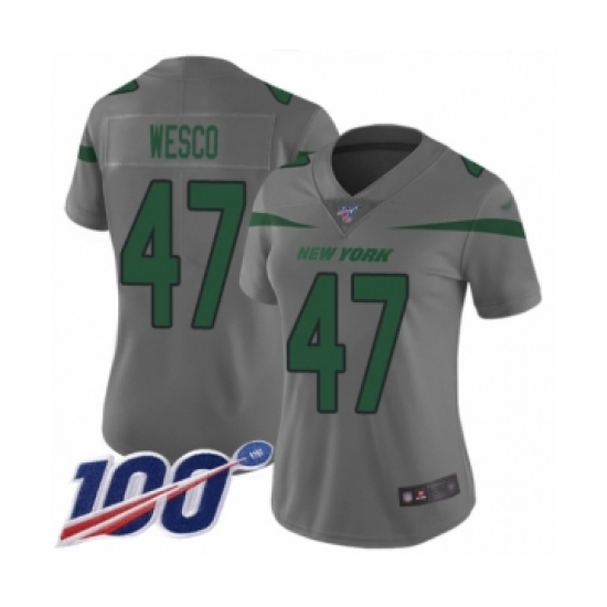 Women's New York Jets #47 Trevon Wesco Limited Gray Inverted Legend 100th Season Football Jersey - Ujersey