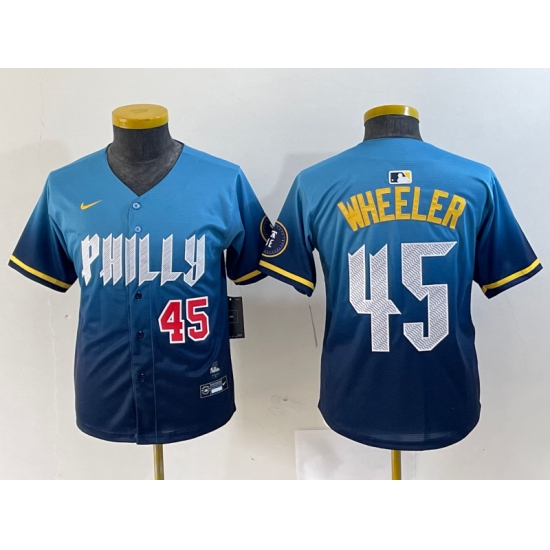 Youth Philadelphia Phillies #45 Zack Wheeler Blue 2024 City Player Number Cool Base Stitched Jerseys - Ujersey