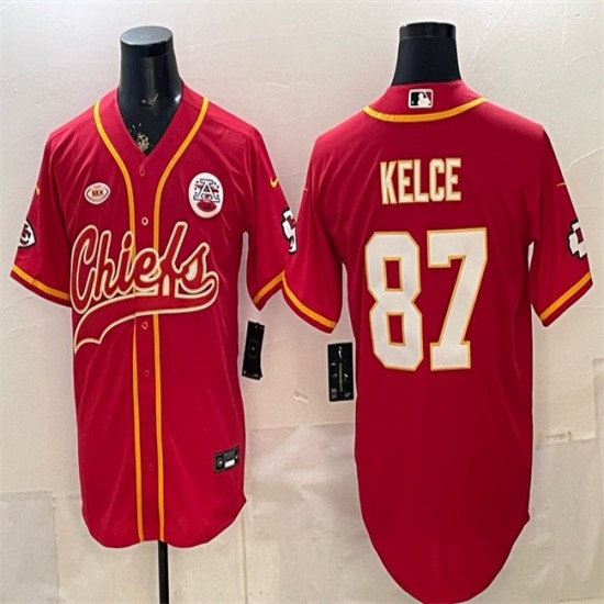 Men's Kansas City Chiefs #87 Travis Kelce Red With NKH Cool Base Stitched Baseball Jersey - Ujersey